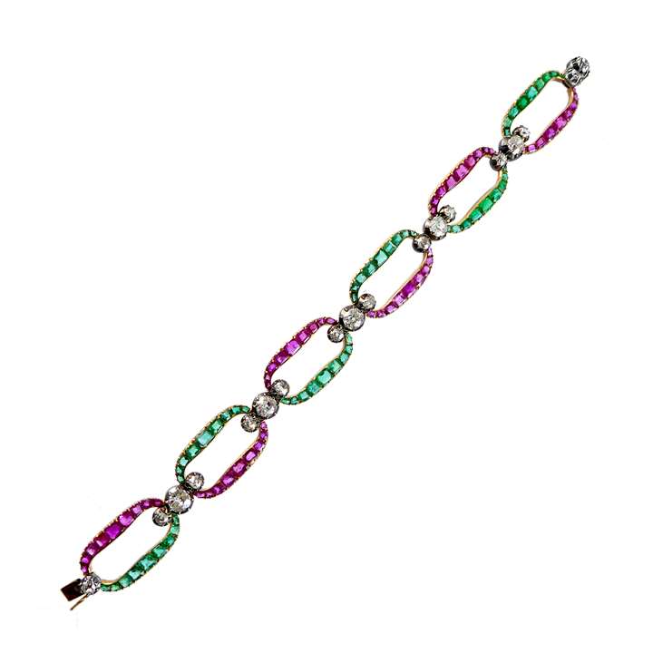 Early 19th century ruby, emerald and diamond oval link bracelet, c.1820,